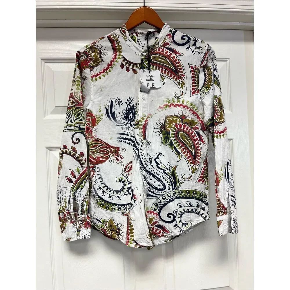 F. K Made in Italy Paisley Print Nehru Collar Cotton Button Down Shirt sz M NWT